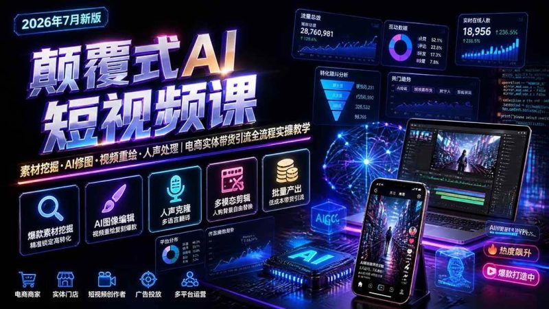 （19630期）颠覆式AI短视频课｜素材挖掘，AI修图，视频重绘，人声处理｜电商实体带货引流全流程实操教学-淘金吧副业资源站
