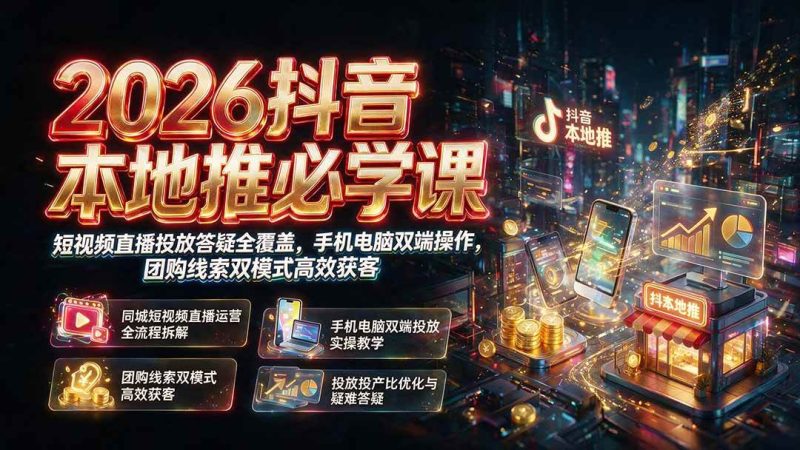 （19618期）2026抖音本地推必学课｜短视频直播投放答疑全覆盖，手机电脑双端操作，团购线索双模式高效获客-淘金吧副业资源站