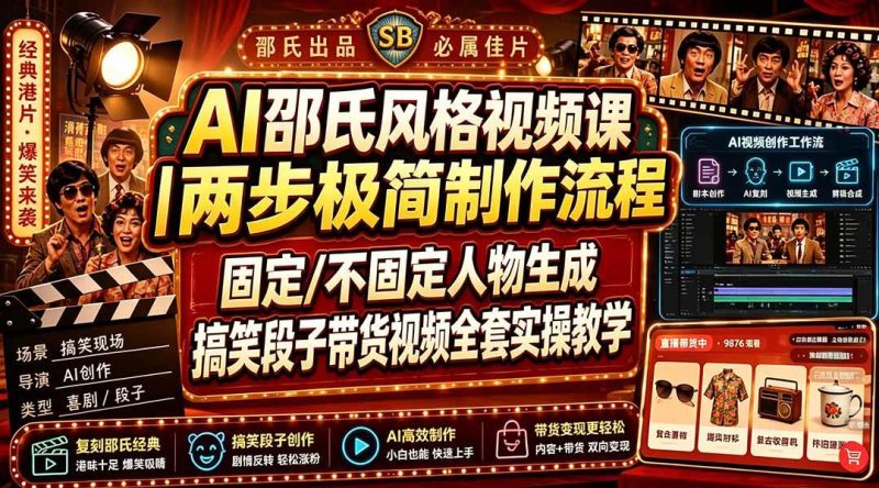 （19602期）AI邵氏风格视频课｜两步极简制作流程，固定/不固定人物生成，搞笑段子带货视频全套实操教学-淘金吧副业资源站