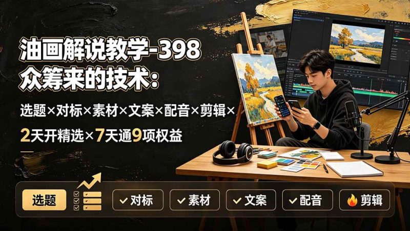 （19587期）油画解说教学-398众筹来的技术-刯新：选题×对标×素材×文案×配音×剪辑×2天开精选×7天通9项权益-淘金吧副业资源站