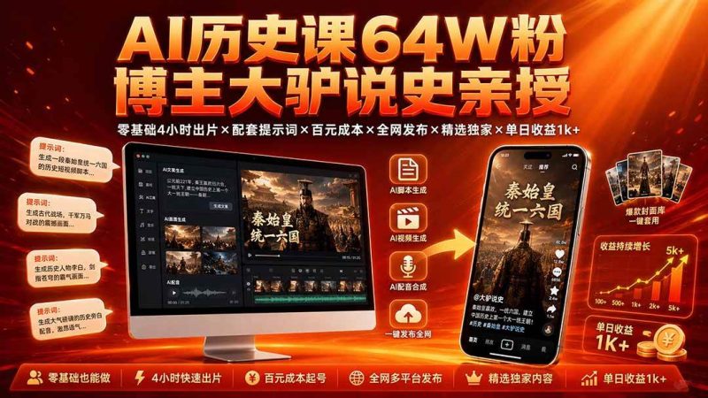 （19557期）AI历史课64W粉博主大驴说史亲授：零基础4小时出片×配套提示词×百元成本×全网发布×精选独家×单日收益1k+-淘金吧副业资源站