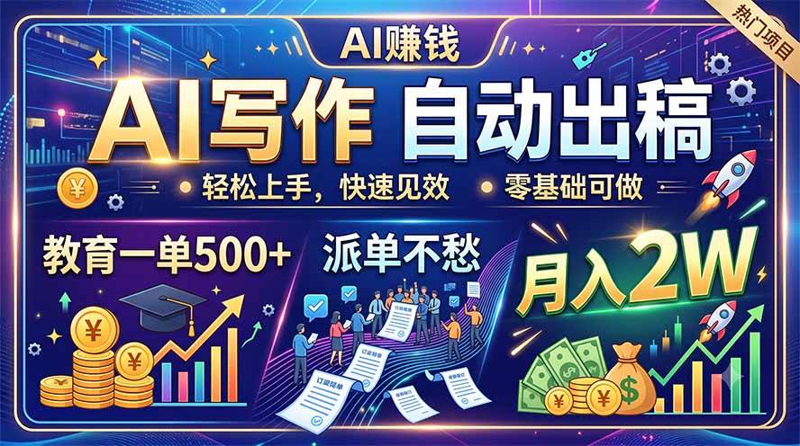 （19614期）AI写作自动出稿，教育一单500+，派单不愁，月入2W
