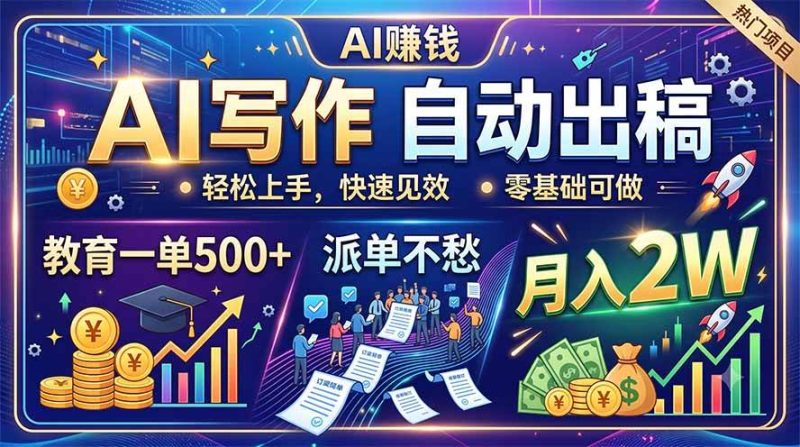 （19614期）AI写作自动出稿，教育一单500+，派单不愁，月入2W-淘金吧副业资源站