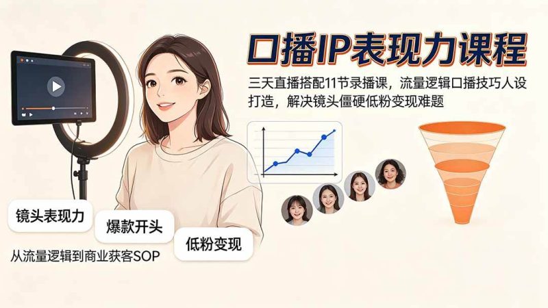 （19604期）口播IP表现力课程｜三天直播搭配11节录播课，流量逻辑口播技巧人设打造，解决镜头僵硬低粉变现难题-淘金吧副业资源站
