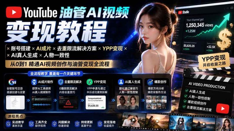 （19689期）YouTube油管AI视频变现教程：账号搭建×AI成片×去重限流解决方案×YPP变现×AI真人生成×人物一致性-淘金吧副业资源站