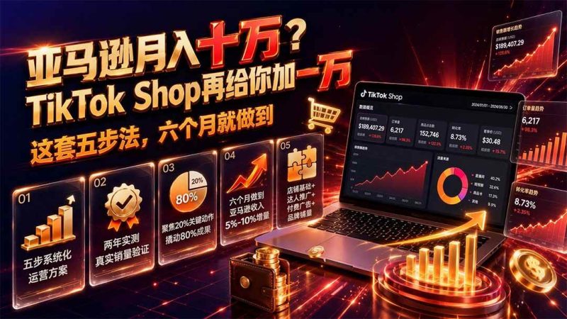 （19643期）亚马逊月入十万？TikTok Shop再给你加一万——这套五步法，六个月就做到【原创双语字幕】-淘金吧副业资源站