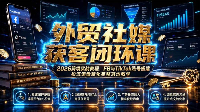 （19611期）外贸社媒获客闭环课｜2026跨境实战教程，FB与TikTok账号搭建投流询盘转化完整落地教学-淘金吧副业资源站