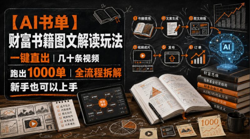 【AI书单】财富书籍图文解读玩法，一键直出，几十条视频，跑出1000单，全流程拆解，新手也可以上手-淘金吧副业资源站