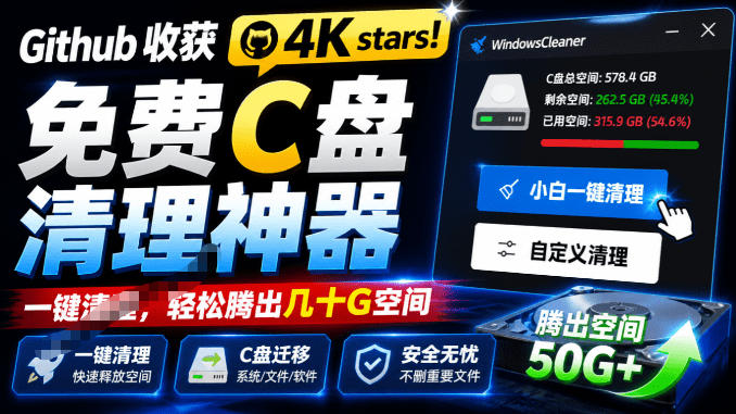 Github收获4K stars！免费C盘清理神器，轻松腾出几十G空间，支持C盘迁移Windows Cleaner-淘金吧副业资源站