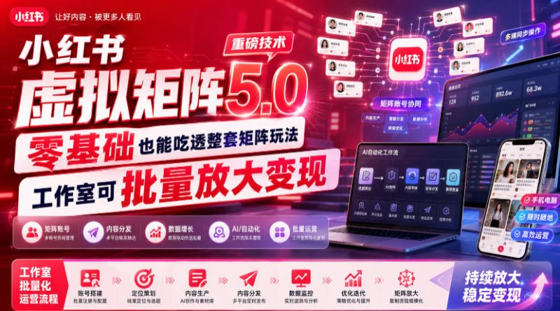 小红书虚拟矩阵5.0重磅技术，零基础也能吃透整套矩阵玩法，工作室可批量放大变现-淘金吧副业资源站
